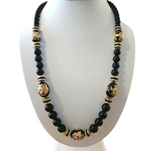 Korea Cloisonne Style Bead Necklace Black Gold Tone Vintage